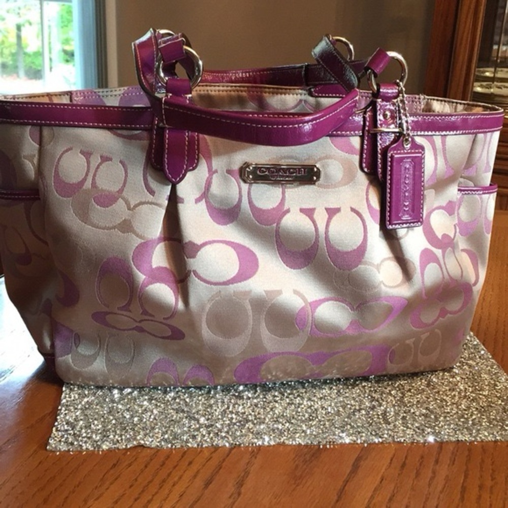 Coach Beige and Purple Signature Tote Shoulder Bag